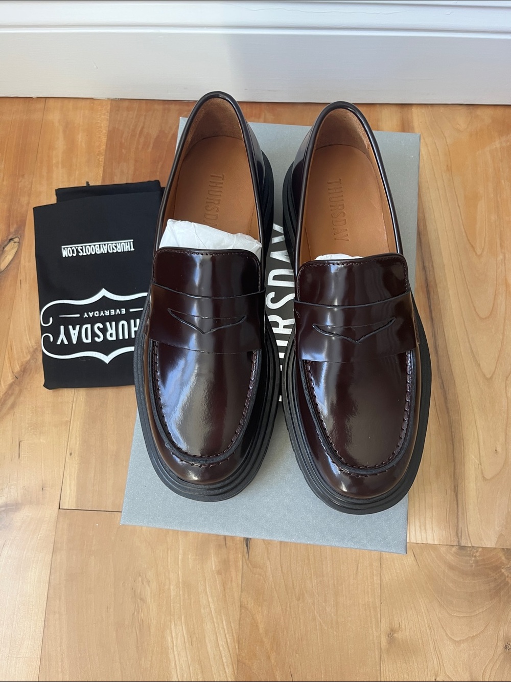 Thursday Boot Company Burgundy Patent Platform Penny Loafers